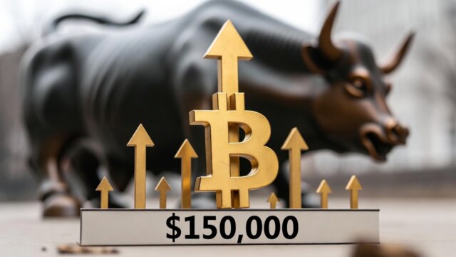 Golden Bitcoin symbol breaking through a price barrier at $150,000 with upward arrows and Wall Street bull statue in the background