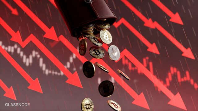 Illustration of Bitcoin and Ethereum coins flowing out with red downward arrows representing capital outflows surge in 2026 per Glassnode data