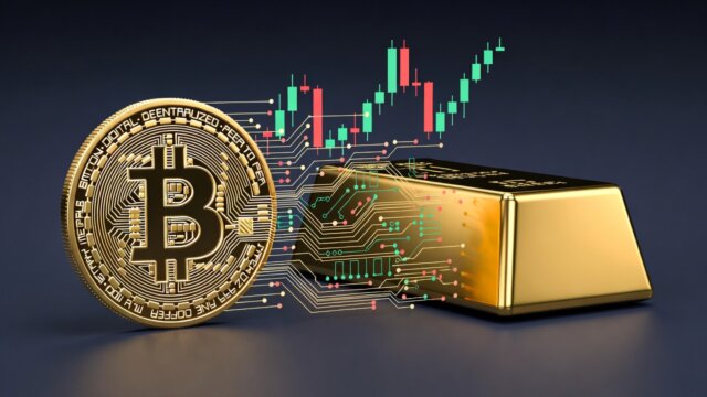 Digital illustration of a Bitcoin coin transforming into a circuit board with stock charts, contrasted against a static gold bar.