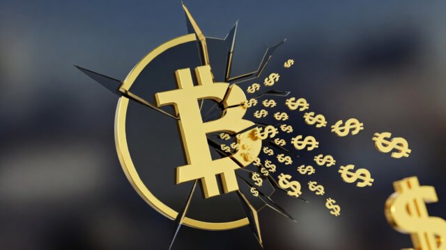 Golden Bitcoin symbol cracked and breaking apart with dollar signs flowing outward, representing $360 million in outflows during the fourth consecutive week of losses for Bitcoin ETFs.