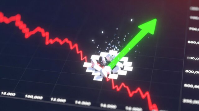 Dynamic graph with a red declining line transitioning to a green upward arrow exploding through barriers, symbolizing recovery from a Bitcoin price bottom.