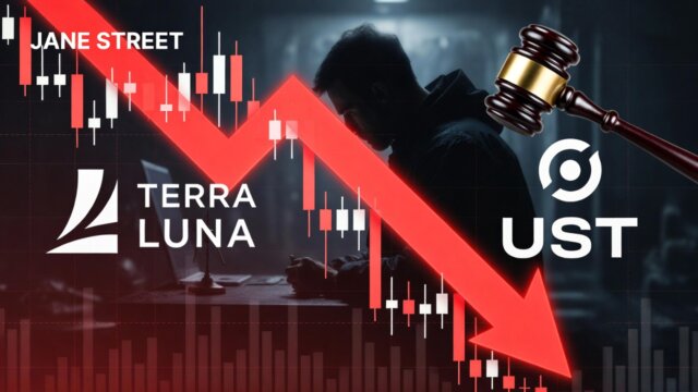 Illustration of Terra Luna crypto collapse with plummeting charts, UST and LUNA tokens crashing, and Jane Street lawsuit allegations over insider trading in the $40 billion market wipeout
