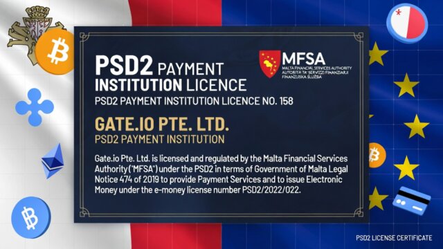 Stylized certificate of Gate.io's PSD2 Payment Institution license from MFSA, overlaid on Malta and EU flags with cryptocurrency and payment icons