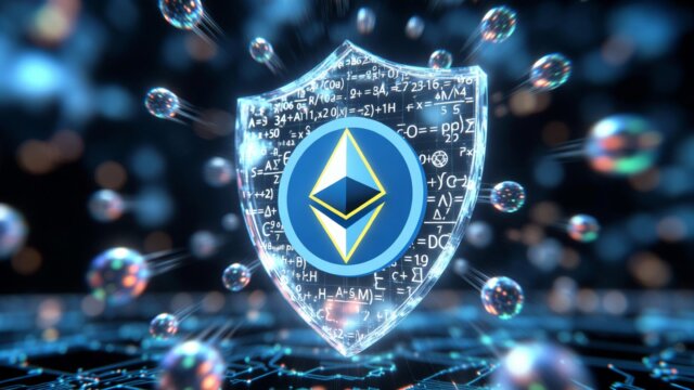 A digital illustration of the Ethereum logo encased in a glowing, transparent shield made of mathematical equations and blockchain links, repelling quantum particle attacks in a futuristic cyber landscape.