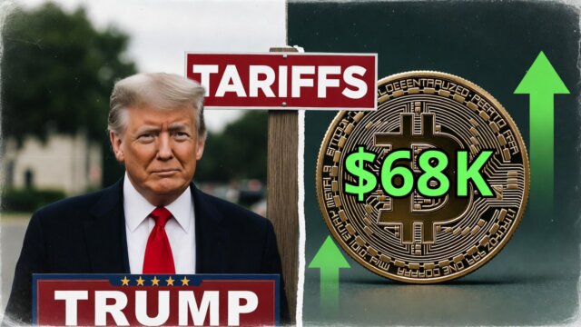 Donald Trump announcing tariffs next to stable Bitcoin price at $68K