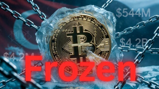 A large golden Tether USDT coin encased in ice and chains, symbolizing frozen assets in Turkey's $544 million seizure as part of Tether's global $4.2 billion illicit crypto crackdown