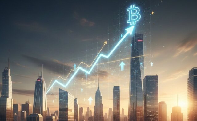 A digital 3D visualization showing a massive surge of Bitcoin symbols flowing into a glass container, representing $53 billion in net ETF inflows.