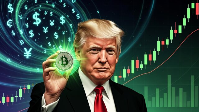 Digital illustration of Donald Trump holding a glowing crypto token amid swirling currency symbols and a global forex chart.