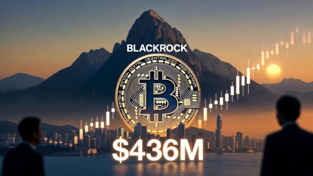 A dramatic image of a golden Bitcoin emerging from Hong Kong's skyline at dusk, with shadowy figures and ETF charts in the foreground.