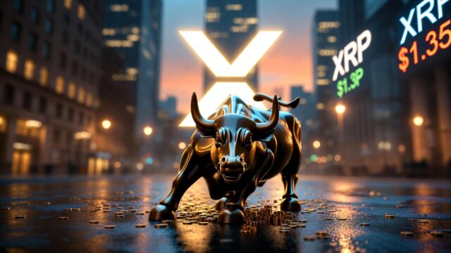 Bronze Charging Bull statue facing a glowing XRP logo in a New York financial district setting
