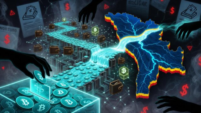 Illustration of a $107 million USDT cryptocurrency laundering network flowing through blockchain nodes into Moldova’s election ballot box, symbolizing attempted foreign influence via Tether stablecoin