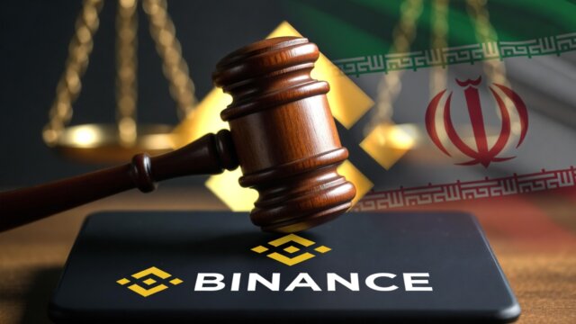 Gavel striking Binance logo symbolizing court dismissal of terrorism financing lawsuit, with subtle Iran sanctions scrutiny in background