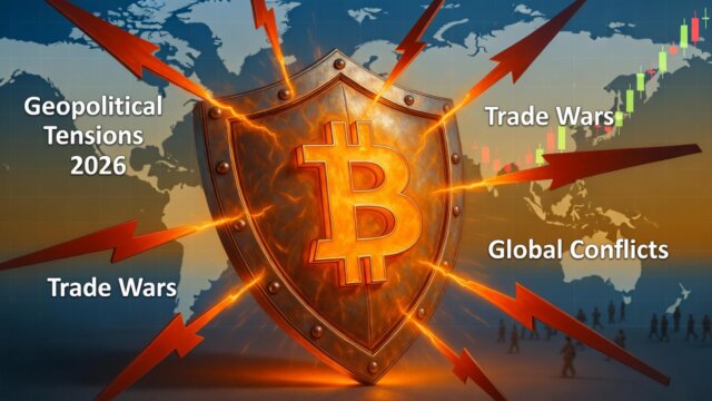 Glowing Bitcoin symbol forged as a protective shield blocking 2026 geopolitical missiles and conflict arrows, with investors finding safety behind it – illustrating Bitcoin as the new safe haven asset