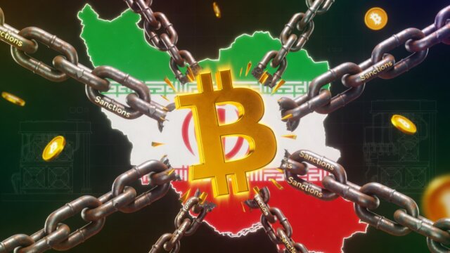 Illustration of Bitcoin symbol shattering sanctions chains over Iran map, representing cryptocurrency economy and mining to evade restrictions