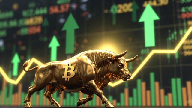 Golden Bitcoin coins stacked on a rising stock chart with green upward arrow, representing Bitcoin ETF inflows of $225 million and bullish trading day