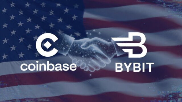 Coinbase and Bybit logos with handshake symbolizing investment partnership and US market entry