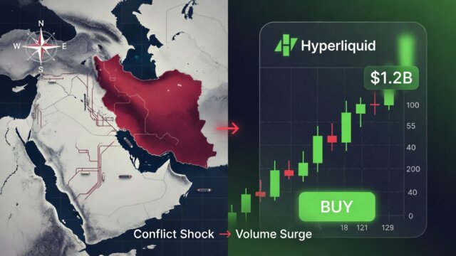 Split illustration showing Iran conflict on the left and Hyperliquid trading dashboard with oil futures volume surging to $1.2 billion on the right