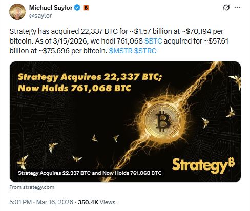 Strategy $1.6 billion Bitcoin purchase March 2026 as per Michael Saylor