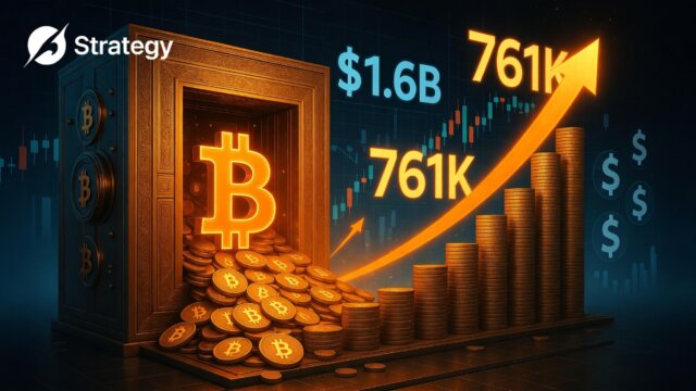 Illustration of overflowing Bitcoin treasury vault with Strategy adding $1.6 billion, total holdings crossing 761,000 BTC milestone