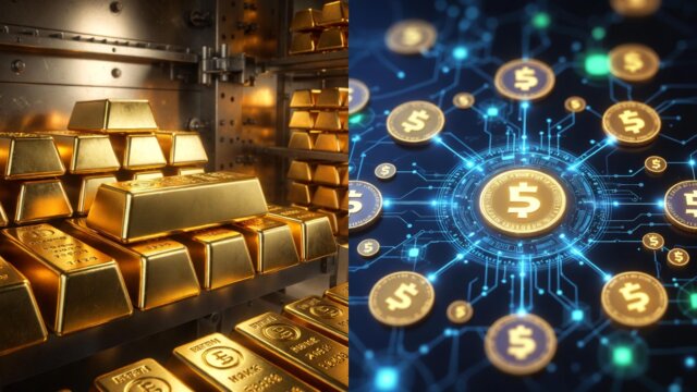 Split image comparing physical gold bars with blockchain tokenized gold tokens and network links, representing tokenized gold versus traditional ETFs and futures