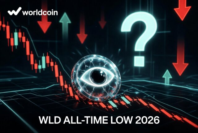 Worldcoin WLD token at all-time low price chart with Orb and question mark, illustrating 2026 investment uncertainty