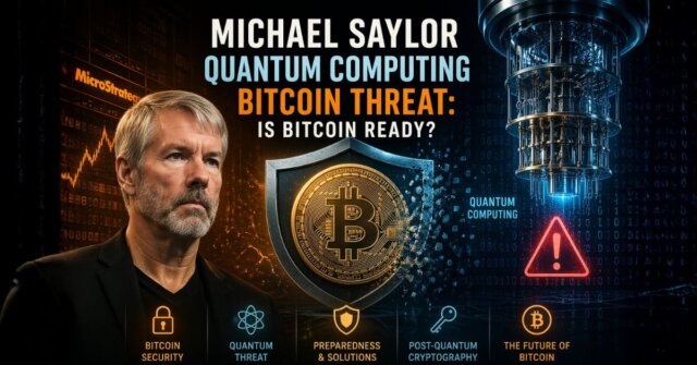 A Bitcoin logo emblazoned on a metallic shield, half intact and half dissolving into swirling blue quantum particles, with a silhouette of Michael Saylor watching in the background — representing the quantum computing threat to Bitcoin security.
