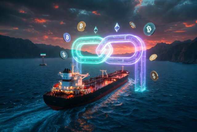 Illustration of a supertanker sailing through the Strait of Hormuz with a glowing cryptocurrency toll gate made of Bitcoin and blockchain symbols, representing Iran’s new crypto toll plan for oil tankers.