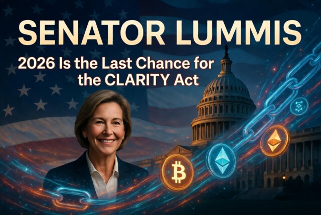 Senator Cynthia Lummis portrait with cryptocurrency blockchain elements and U.S. Capitol, highlighting the urgent call to pass the CLARITY Act by 2026