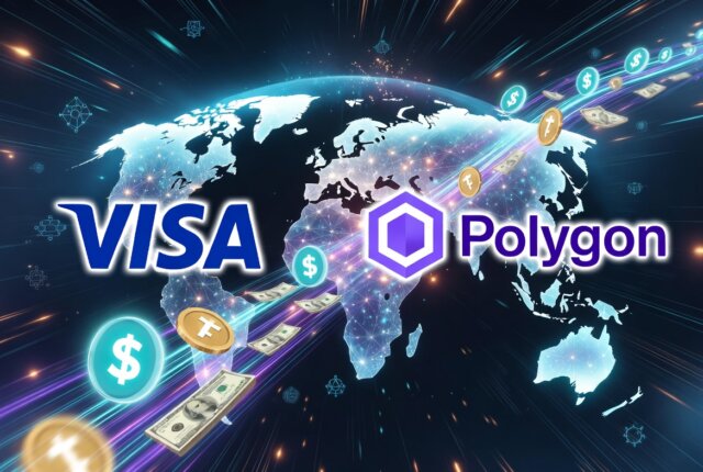 Visa expands stablecoin settlement network on Polygon for faster, low-cost cross-border payments, featuring global money flow between Visa and Polygon logos with stablecoin icons.