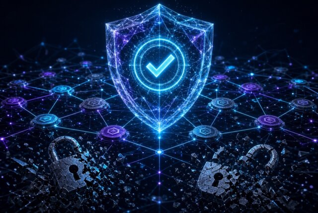 Abstract illustration of a multi-layer geometric shield made of crystalline lattices rising above interconnected digital-asset tokens and blockchain nodes; lower classical encryption icons appear cracked while an upper glowing post-quantum verification seal and checkmark protect the assets against a dark quantum-interference background.