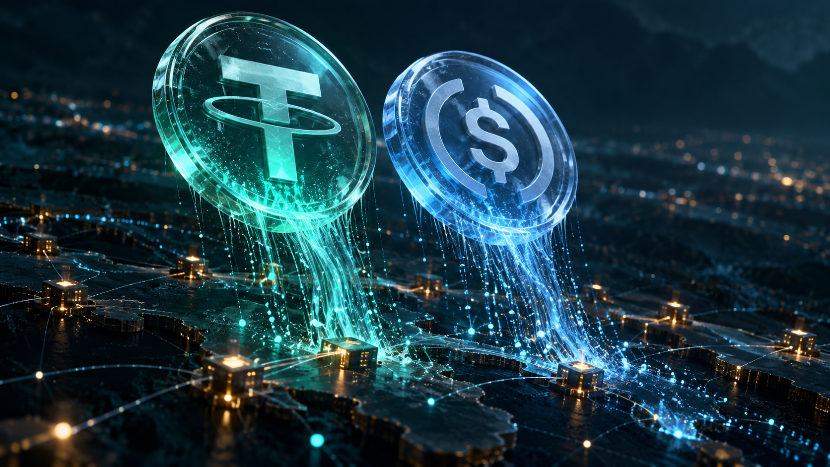 Digital USDT and USDC stablecoin tokens representing declining liquidity across cryptocurrency networks.