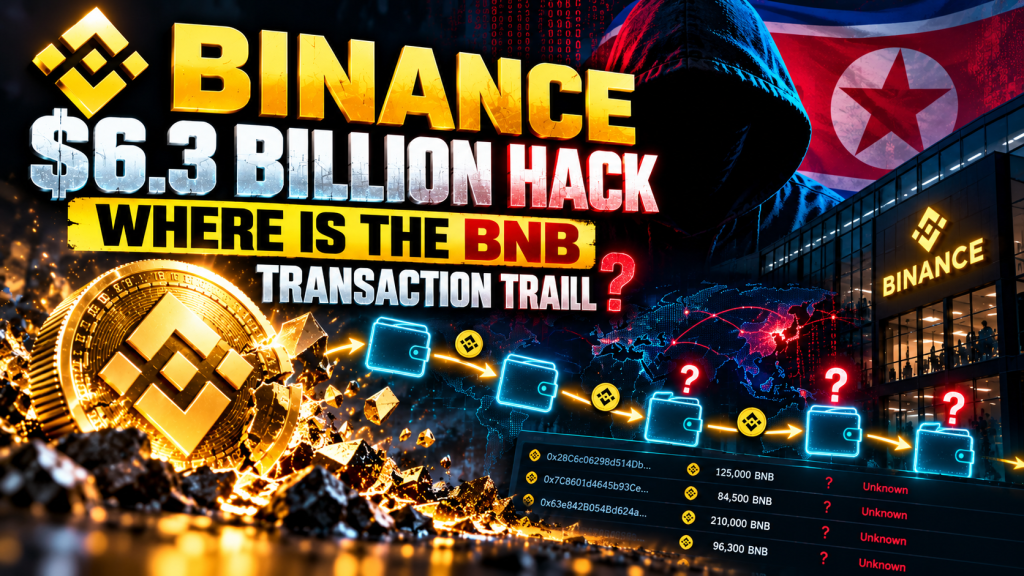 Binance $6.3 billion hack investigation featuring BNB and an illustrated blockchain